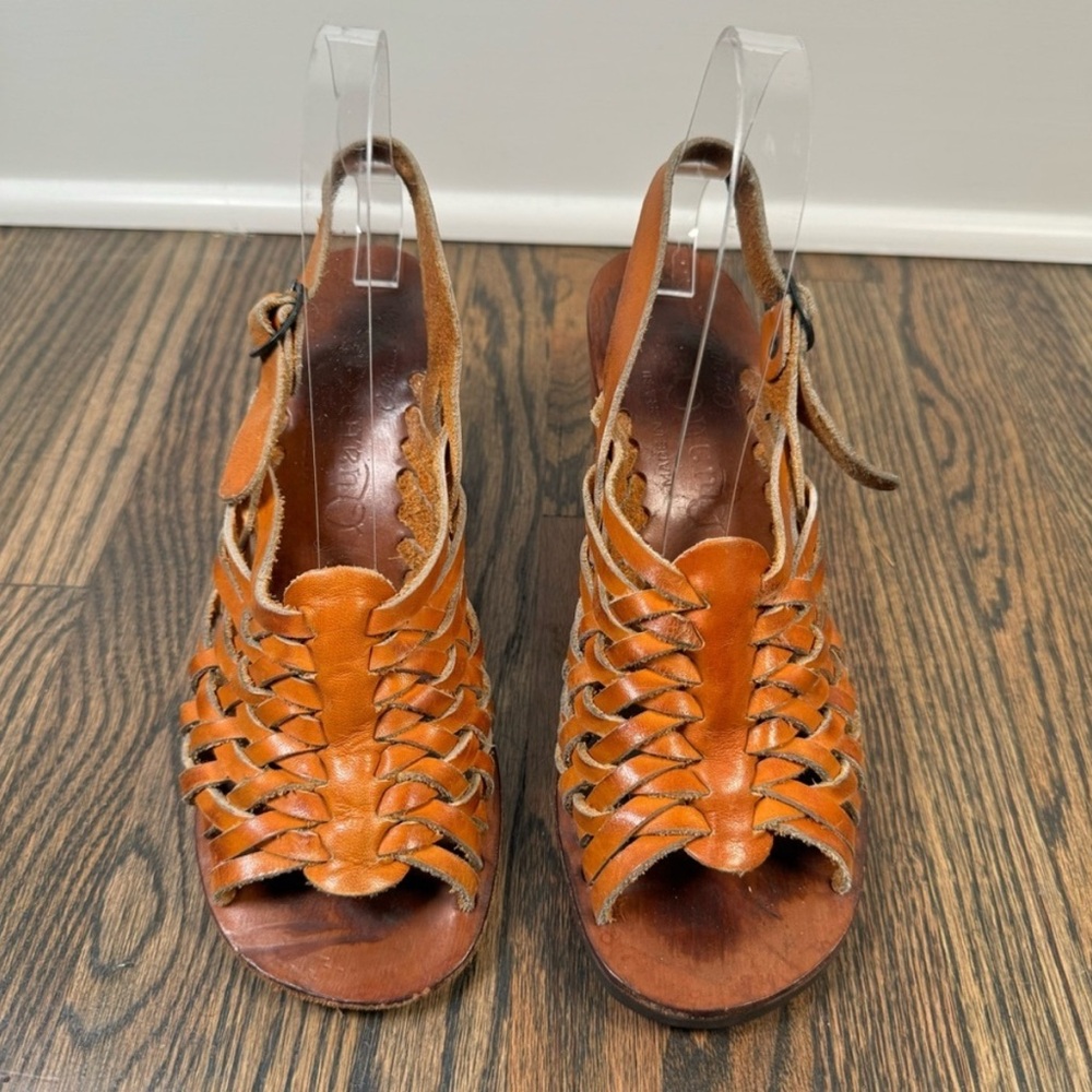 Vintage 1970s QualiCraft Casualets Brown leather woven wedges size 7.5 - Picture 2 of 8